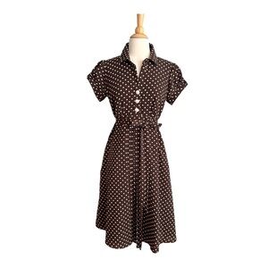 Signature by ROBBIE BEE Brown Polka Dot Dress Rockabilly Retro Housewife Size 8